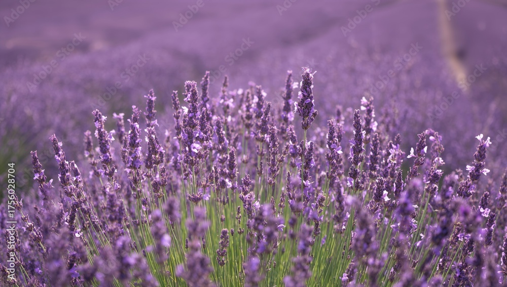 Naklejka premium A vast expanse of blooming lavender under clear skies, with purple petals dancing in the mild wind and soft afternoon sunlight brightening the gentle hues.