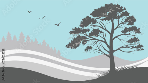 Stylized silhouette of a lone tree with birds flying in a pastel blue sky over rolling hills