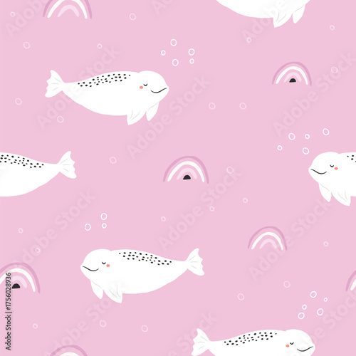 Cute Beluga Whale Seamless Pattern on Pink Background for Kids