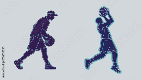 Dynamic silhouette of a basketball player in motion dribbling and shooting against a light background