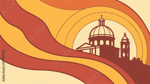 Retro abstract wavy background with a silhouette of a classical dome building at sunset