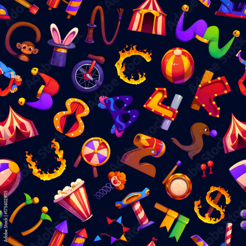 Cartoon circus font and carnival typeface seamless pattern, vector background. Circus letters pattern of big top tent, clown and cannon with bunny in magician hat with fire ring and funny monkey