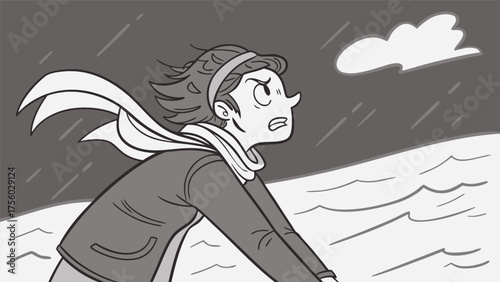 Determined person braving harsh weather conditions with wind and rain at sea under a cloudy sky