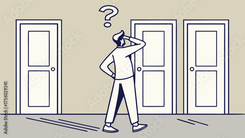 Confused man standing in front of three identical doors with a question mark above his head
