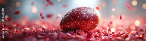 Glittering red egg resting on rose petals