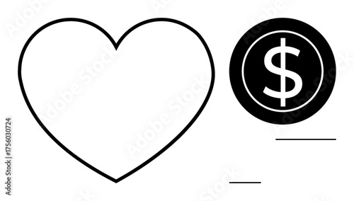 Heart outline near a dollar coin, symbolizing emotions connected to finance, charity, and human values. Ideal for love, money, relationship, business philanthropy emotion balance. Simple flat