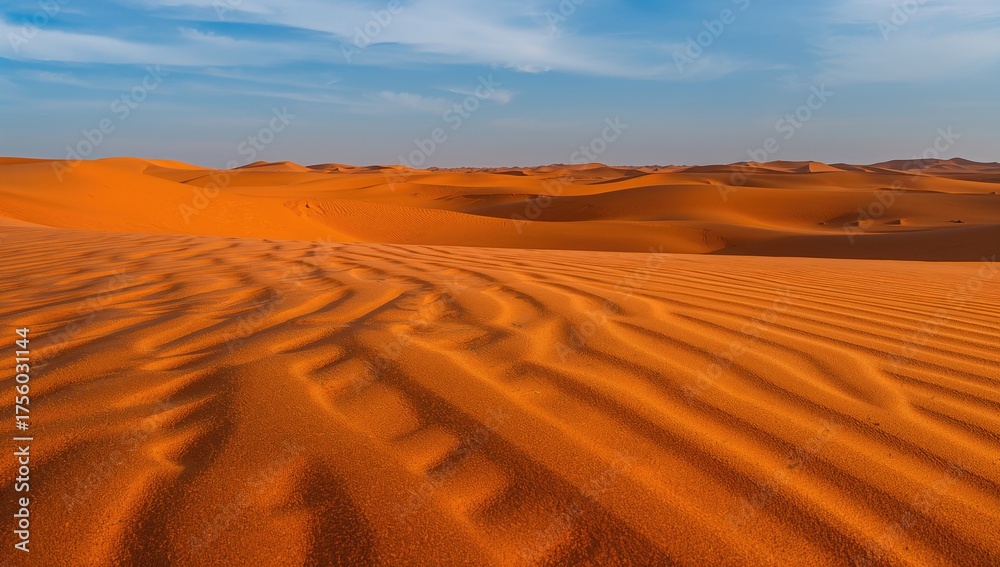 Naklejka premium Detailed view of orange sand grains in a vast desert expanse. Sand dunes close-up showcasing abstract patterns.