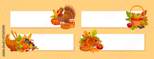 Thanksgiving Day holiday vector banners framed by autumn leaves, cornucopia, roasted turkey, grape, corn and honey jar, Thanksgiving dinner pumpkin pie and harvest fruit basket, autumn holiday themes