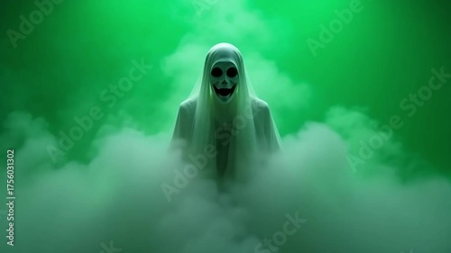Eerie figure shrouded in green mist, a haunting presence in the darkness.