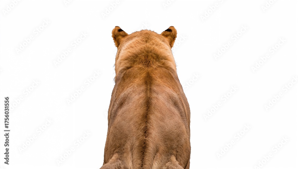 Obraz premium Rear view of a male lion gazing into the distance, set against a white background