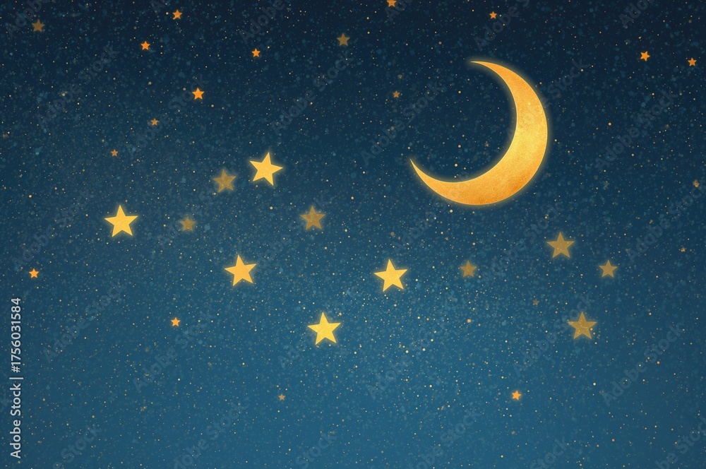 Naklejka premium Radiant Night Sky Featuring Moon and Twinkling Stars, Ideal for Sleepytime