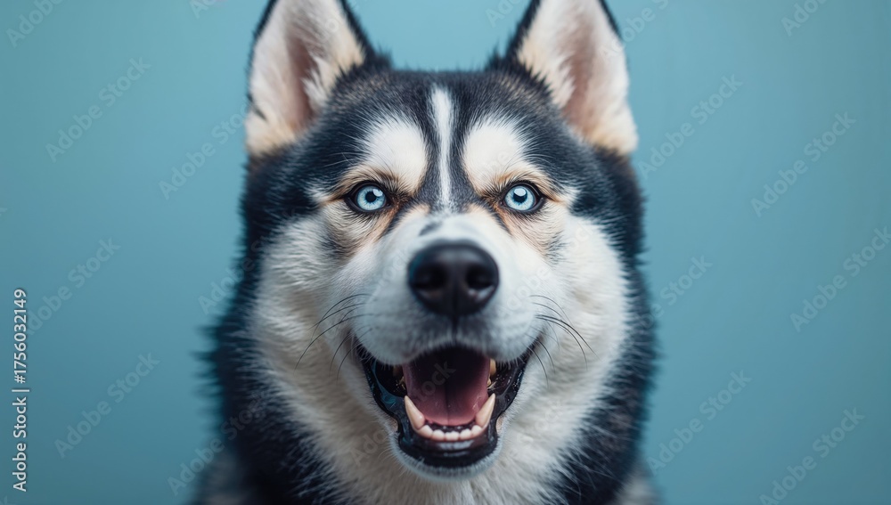 Obraz premium Adorable fluffy blue-coated canine with piercing icy eyes looks intently, blending charm and a hint of fierceness while howling.