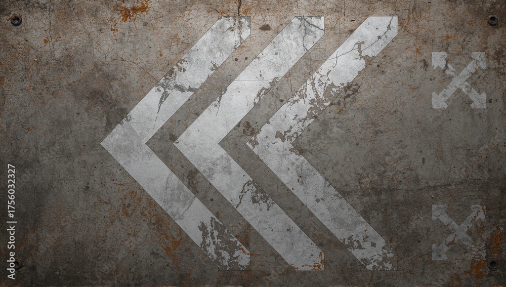 Fototapeta premium Metal surface with raised arrow patterns and worn texture