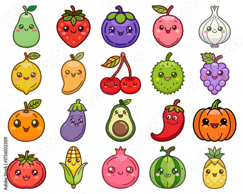 Cute fruits and vegetables. Kawaii vegetable fruit character cartoon set. Clipart for kids with kawaii face. Vector illustration.