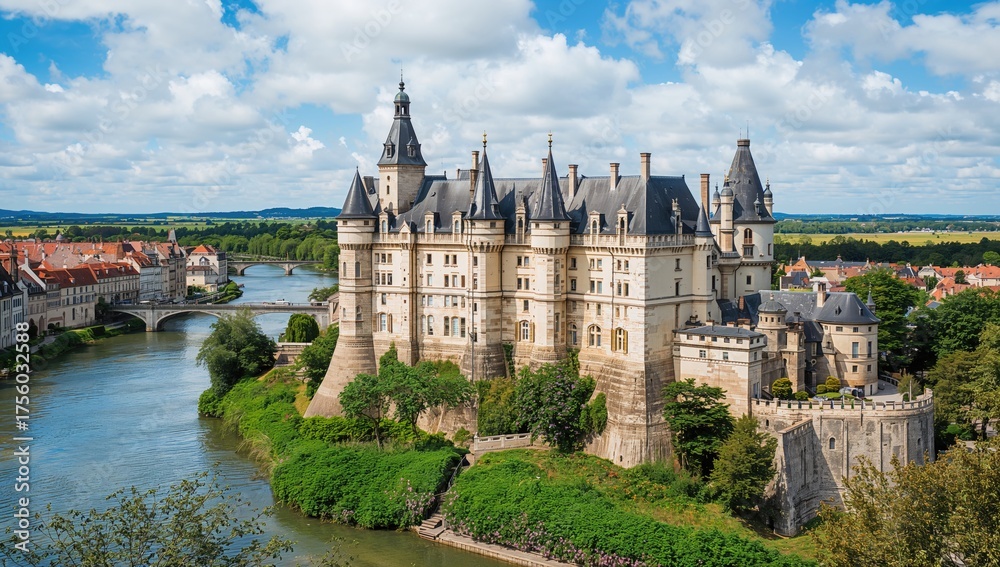 Obraz premium Historic fortress surrounded by vibrant flora and flowing river, showcasing classic architecture and aged rooftops.