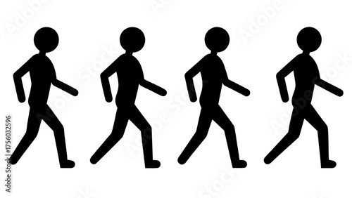 Four black stick figures walking in a row against a white background simple design