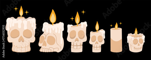 Flat vector collection of skull shaped candles for Halloween. Great for posters, invitations, and decoration in spooky festive designs.