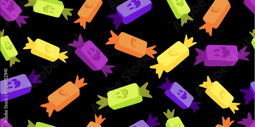 Dark seamless Halloween pattern featuring chocolate candies in orange, purple, yellow, and green tones. Perfect for wrapping paper and decor.