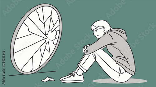 Young person sitting alone next to a large broken mirror reflecting a distorted image