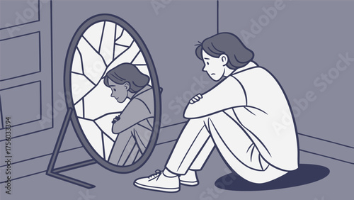 Person sitting in front of a cracked mirror reflecting a sad broken image of themselves
