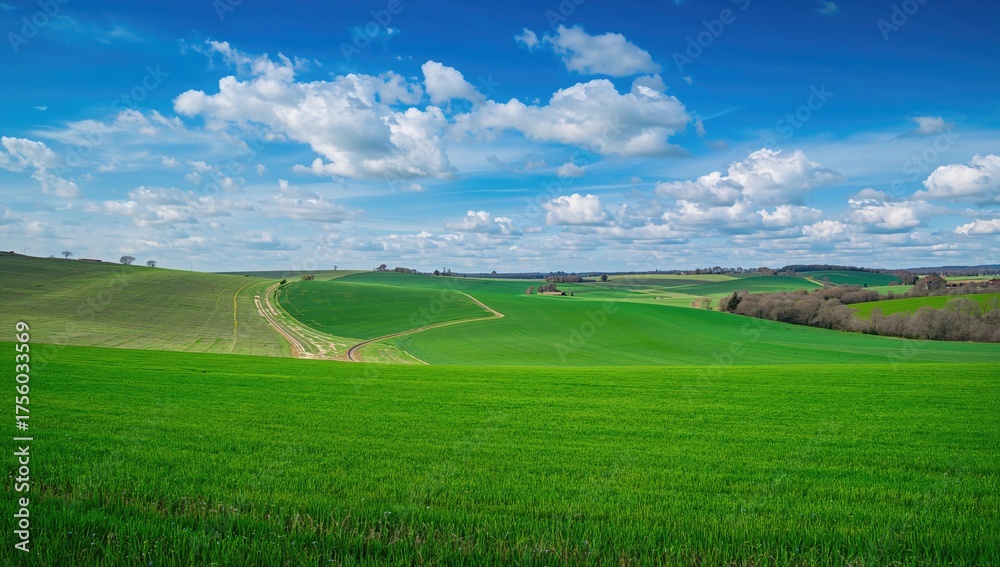 Obraz premium Vast Verdant Meadows, Gentle Slopes, Farming Trails, Springtime Scenery Beneath a Clear Sky