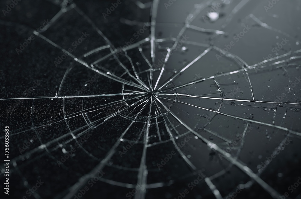 Fototapeta premium Shattered glass on a dark backdrop, damaged screen surface
