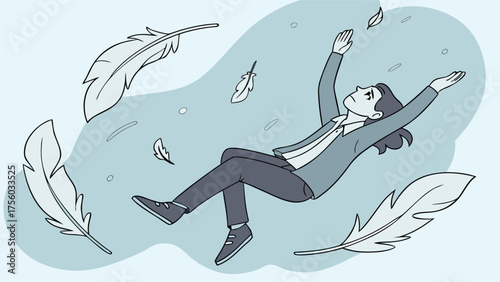 Young person falling through the air surrounded by large and small feathers in a dreamlike surreal illustration