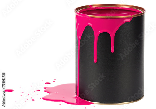 фотографія Isolated paint can with pink color dripping down its side; vivid hue; spilling a