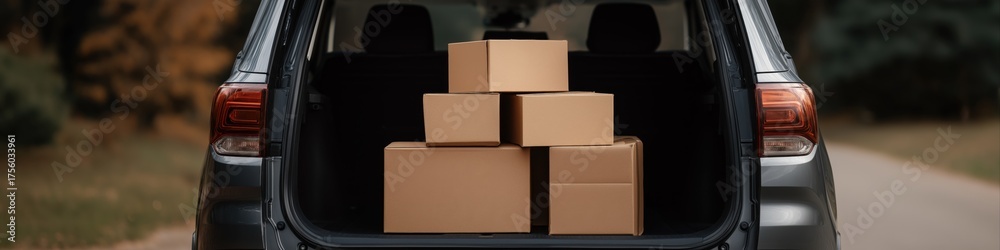 Obraz premium Stacked cardboard boxes in suv trunk on a quiet roadway