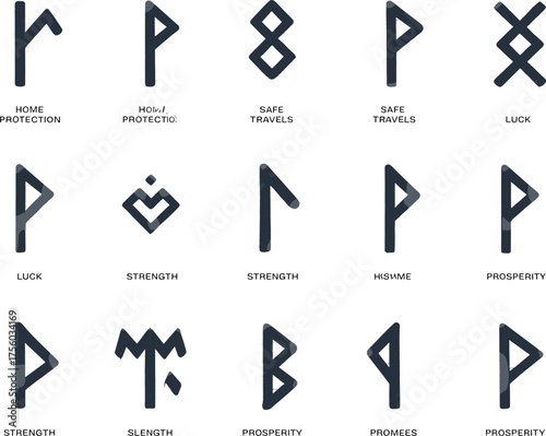 Collection of minimalist rune symbols representing strength protection luck love and prosperity, modern Scandinavian magical alphabet design vector illustration