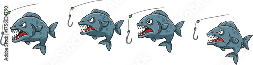 Cartoon aggressive fish character set, sharp-toothed aquatic illustrations, playful fishing clipart, kids vector design, stylized bait icons, expressive ocean graphics