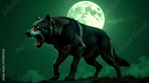 Fierce wolf howling at a glowing full moon in a dark, misty forest.