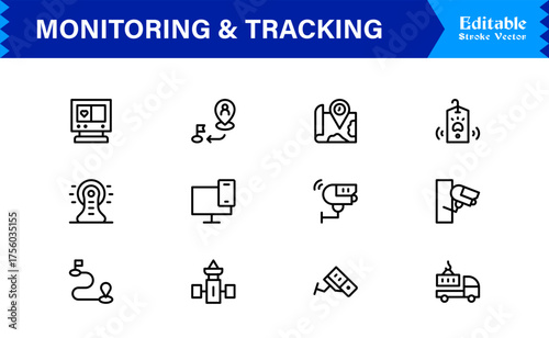 Monitoring And Tracking Solution icon collection. Unique And Minimal Line Icon Pack with Editable, Pixel-Perfect Design