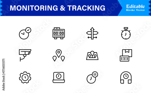 Monitoring And Tracking Solution icon collection. Unique And Minimal Line Icon Pack with Editable, Pixel-Perfect Design