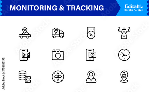 Monitoring And Tracking Solution icon collection. Unique And Minimal Line Icon Pack with Editable, Pixel-Perfect Design