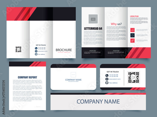 Corporate Business Brochure and Stationery Set Vector Design. Clean and modern design with red, black, and white color scheme. Ideal for business promotion, presentations, and marketing materials.