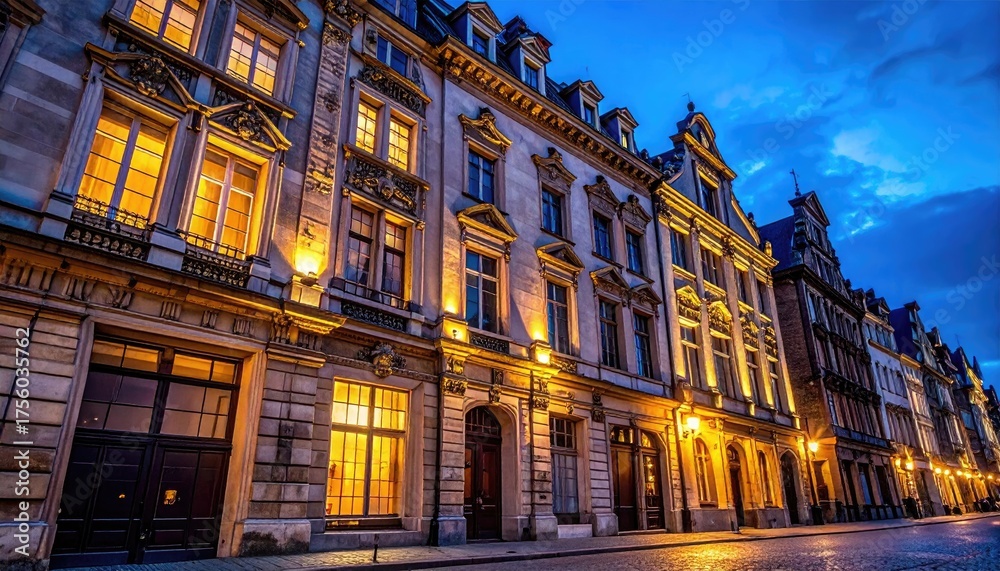 Naklejka premium Elegant European Architecture Illuminated by Warm Streetlights at Dusk with Paved Road and Cloudy Sky