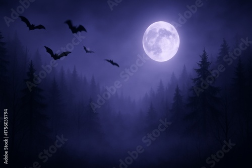 Full Moon Over Dark Misty Forest with Flying Bats