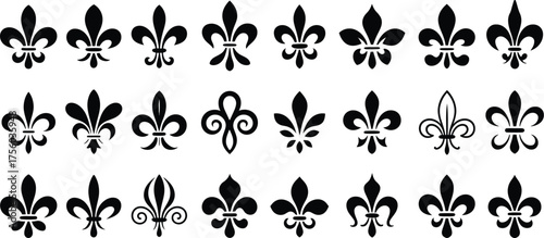 Fleur de lis heraldic vector icons, traditional french lily emblems symbolizing royalty and elegance, medieval floral insignia silhouette set for coat of arms, logo and vintage decoration