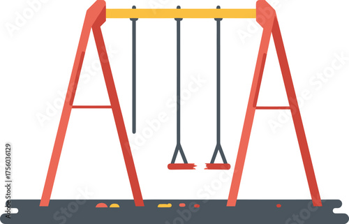 A red and yellow swing set with broken swings on a playground.