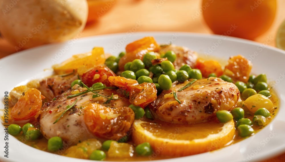 Fototapeta premium Chicken with citrus, peas, and dried apricot mix