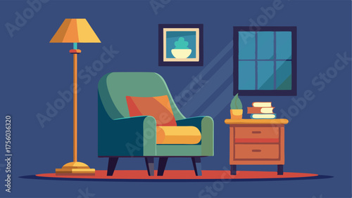 A cozy reading nook with a plush armchair a wooden side table and a floor lamp with a metal shade.