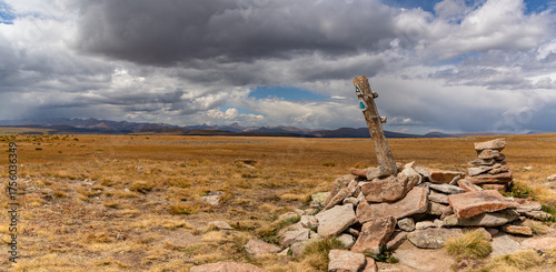 Panorama of a shared Continental Divide and Colorado Trail marker atop Snow Mesa in the San Juan Mountains near Lake City Colorado.