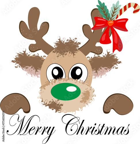A charming, fuzzy Christmas reindeer with a bright green nose peeks out of a large gift box, holding a candy cane and a fir branch.