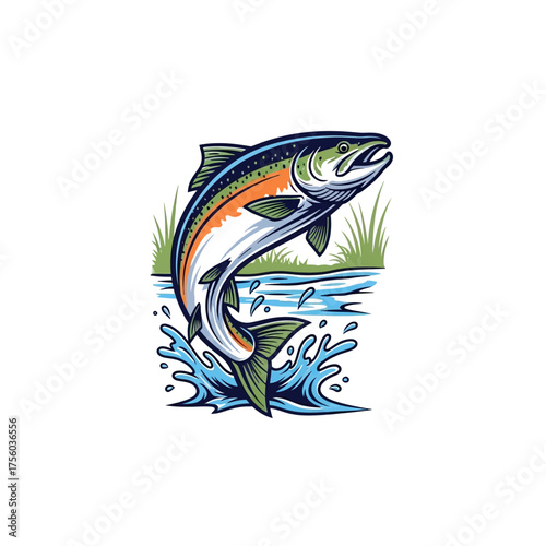 A vibrant illustration of a salmon leaping out of the water, with splashes and green grass in the background.