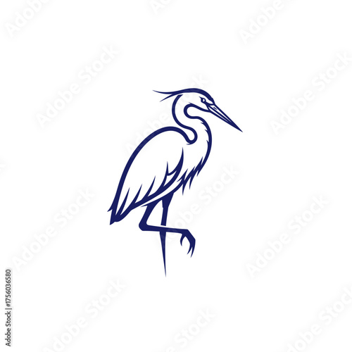 A minimalist illustration of a blue heron standing on one leg with its head turned to the right.
