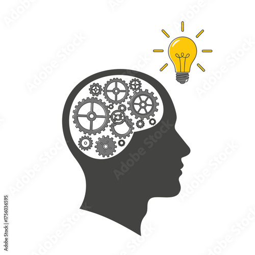 Human head silhouette with mechanical gears representing the brain and a lightbulb symbolizing an idea.
