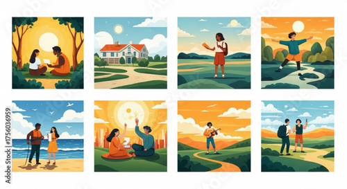 Collection of idyllic lifestyle scenes featuring people in nature and outdoor settings