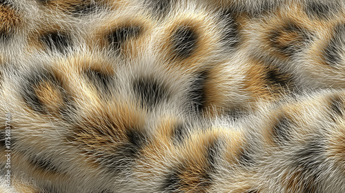 Close-up leopard print fur pattern with spotted texture and soft, fluffy coat