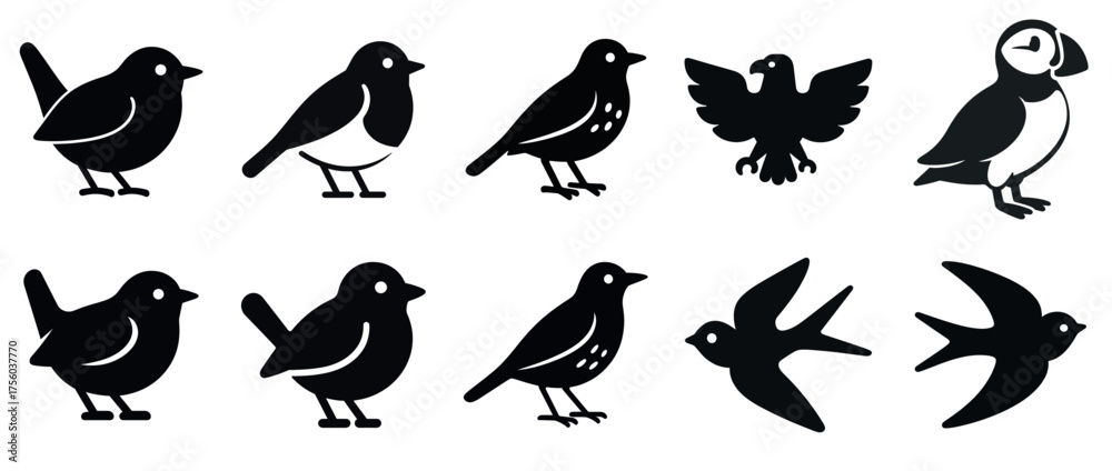 Naklejka premium Silhouette solid icons of various birds. Set of black icon isolated PNG